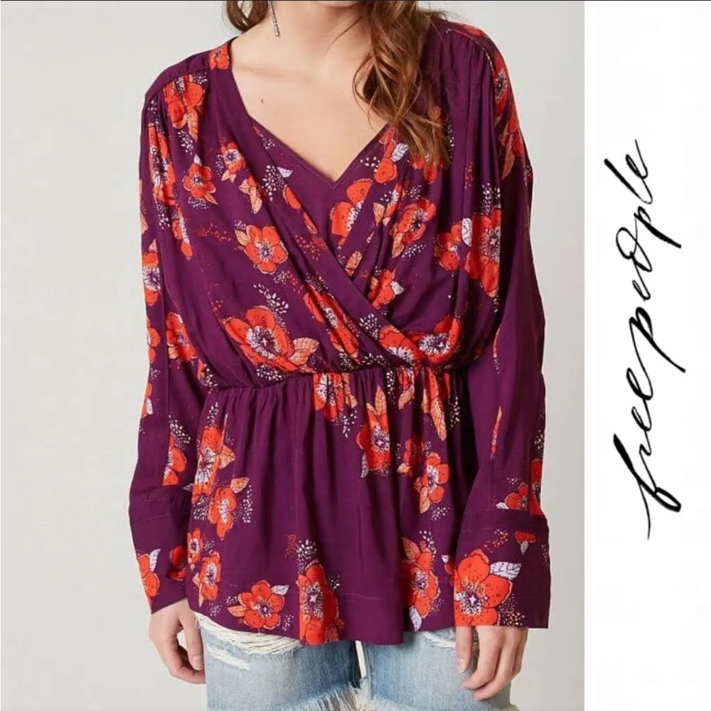 Free People Women’s Tuscan Dreams Tunic Blouse Plum Purple Floral Orange XS